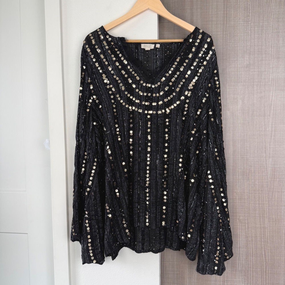 Anthropologie Let Me Be Black Gold Sequin Embellished Lace V Neck Blouse Medium - Picture 5 of 15